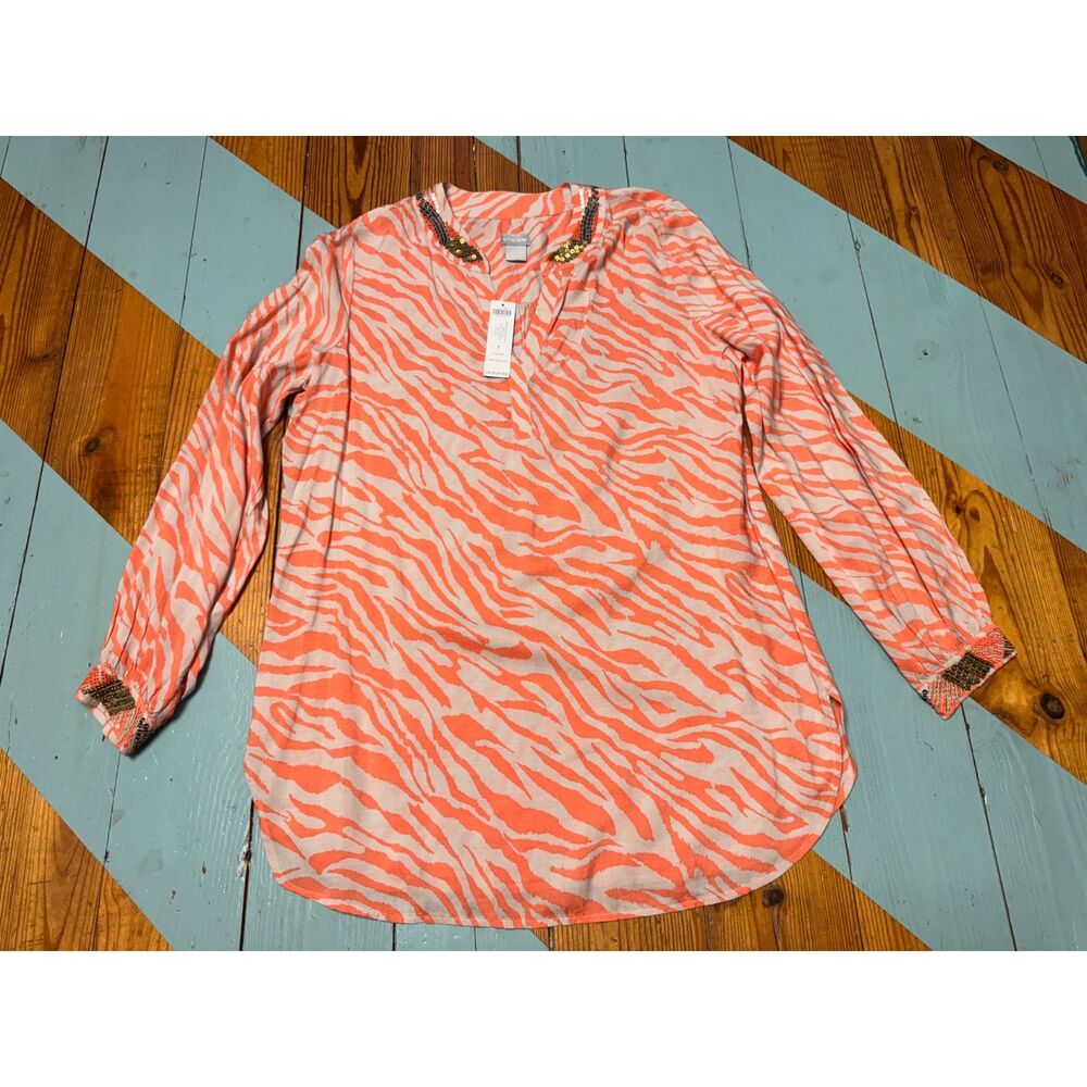 Chico’s Zebra Print Embellished Tunic Top Size Medium New with Tags